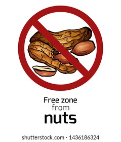 Cartoon Peanut In The Prohibition Sign. Free Zone From Nuts. Ban On Allergens. Allergy Alert. Badges With Forbiddance. Vector Element For Recipes, Menus, Stickers And Your Design.