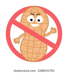 Cartoon peanut in prohibition sign vector illustration symbol. Peanut free. Peanut allergy.