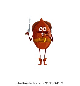 Cartoon peanut robber or bandit character. Vector nut cowboy with steaming gun and cigar. Wild west ranger hero wear hat and boots holding pistols. Western healthy food personage, horseman vitamin