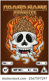 Cartoon Peanuts on Skull Head Smoking And Burning Fire Backgrounds. For Product Packaging Cover. Vectors Illustrations