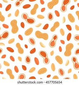 Cartoon peanuts in the shell, healthy food snacks vector seamless pattern, isolated on white background