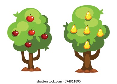 Cartoon pear and apple tree vector illustration