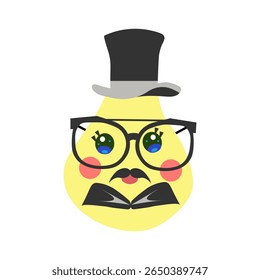 Cartoon pear character with glasses, mustache, and top hat. Funny cute fruit illustration. Mascot for healthy food