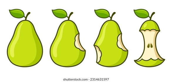 Cartoon pear eating set. Whole, bite missing and leftover core. Isolated vector clip art illustration.