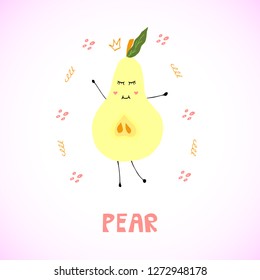 Cartoon pear. Element with lettering. flat hand drawn. Isolated vector design illustration- Vector