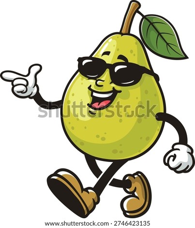 Cartoon pear fruit mascot wearing sunglasses
