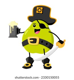 Cartoon pear fruit pirate character holding mug with refreshing foamy beverage in one hand while brandishing a sword in the other. Playful adventurous healthy food corsair love for a good drink