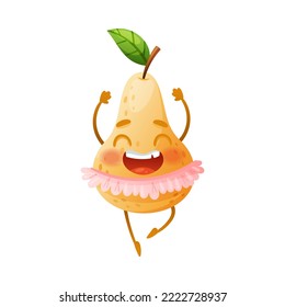 Cartoon Pear Fruit in Tutu Skirt Dancing and Cheering Enjoying Summer Season Vector Illustration