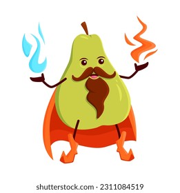 Cartoon pear fruit wizard or magician character. Funny ripe vector sorcerer, mage, vitamin food personage in cape with magic fire in hands. Smiling mustached wiz pear fruit enchanter or necromancer