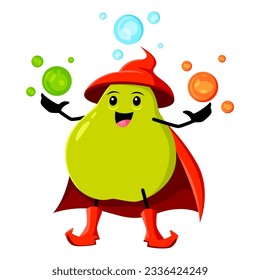 Cartoon pear fruit wizard or magician character. Funny ripe vector sorcerer, mage, vitamin food personage in cape with magic balls in hands. Smiling wiz pear fruit, enchanter or necromancer or caster