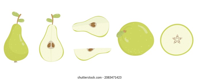 Cartoon pear ftuit set. Different perspective