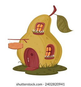 Cartoon pear house. Little fairy forest pear house, fantasy fairy tale cute fruit cabin flat vector illustration on white background