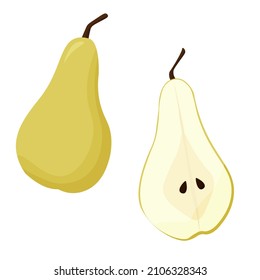 Cartoon pear set whole and sliced on white background