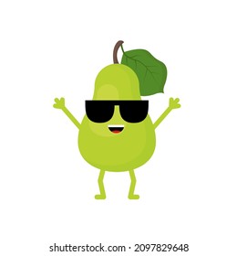 Cartoon pear with smiling face in glasses isolated on white background. Vector illustration of cute pear character in flat style