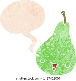 cartoon pear with speech bubble in grunge distressed retro textured style