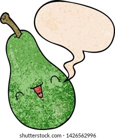 cartoon pear with speech bubble in retro texture style