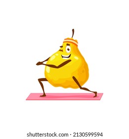 Cartoon Pear With Sport Band On Head Isolated Happy Cartoon Character. Vector Summer Fruit Hobby Sport Activity, Healthy Fruit Active Way Of Life, Fitness Workout, Smiling Pear On Yoga Mat Blink Eye