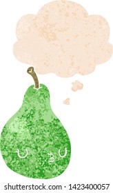 cartoon pear with thought bubble in grunge distressed retro textured style