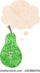 cartoon pear with thought bubble in grunge distressed retro textured style