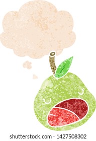 cartoon pear with thought bubble in grunge distressed retro textured style
