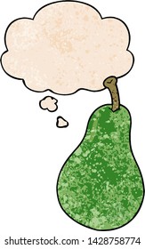 cartoon pear with thought bubble in grunge texture style