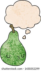 cartoon pear with thought bubble in grunge texture style
