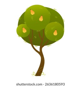 Cartoon pear tree with green foliage and ripe fruits. Summer orchard tree for childrens books, games, nature education and farm illustrations. Vector illustration