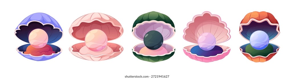 Conchas de perlas de dibujos animados. colección de criaturas oceánicas de Vector, vieiras abiertas aisladas con esferas de lujo. Joyas marinas submarinas en ostras. Decoraciones de mar. Medio ambiente de la vida acuática