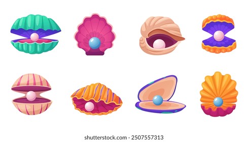 Cartoon pearls in shell. Vibrant underwater shells, open and closed. Natural jewelry beads from sea or river. Nautical nowaday vector clipart