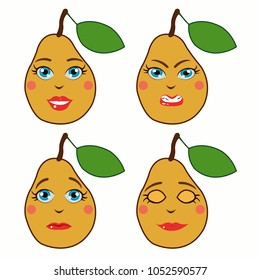 cartoon pears with emotions. set of four illustrations