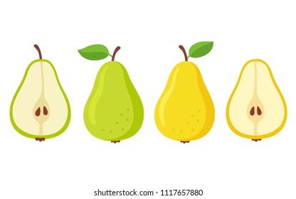 Cartoon pears set. Green and yellow pear, whole and cut in half. Isolated vector illustration.