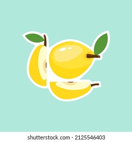 Cartoon pears set. Yellow pear, whole and cut in half. Isolated vector illustration.