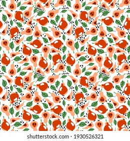 Cartoon pears summer mood seamless pattern vector. Funny pear fruits whole and slices, leaves and seeds colorful pattern. Juicy fruit endless texture. Perfect for dinner napkins, pillows, packaging