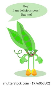Cartoon peas. Peas with face, arms and legs. A living character. Food for children.