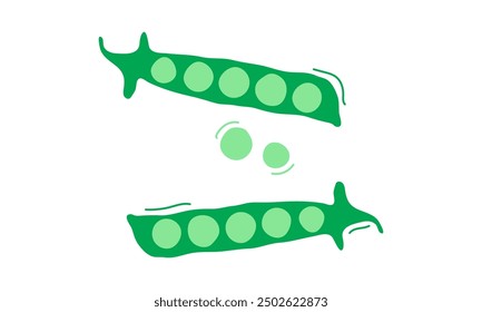 Cartoon peas hand drawn, cute vegetable doodle set, green character simple icon. Funny child food isolated on white background. Baby naive vector illustration