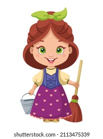 Cartoon Peasant Girl With Bucket And Mop. Cinderella As Maid. Cartoon Vector Illustration