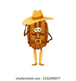 Cartoon pecan nut cowboy character. Vector wild west pekan kernel, western hero wear hat and boots and belt holding cap edge. Healthy food horseman personage with funny mustached face