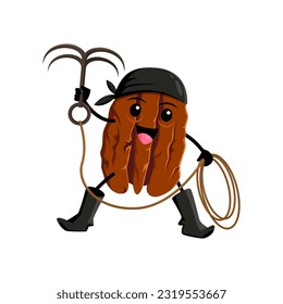 Cartoon pecan nut pirate or corsair character sporting a grappling hook, ready to raid and loot. Vector whimsical and charming nautical personage sails the seas in search of treasure and adventure