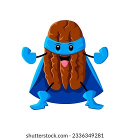 Cartoon pecan nut superhero character in blue mask, cape and gloves. Nut strong warrior, food hero or legume defender funny vector character. Isolated pecan superhero cute mascot or personage