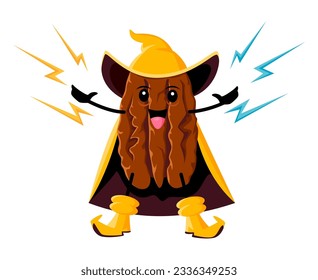 Cartoon pecan nut wizard and sorcerer character. Isolated vector warlock personage wearing pointy hat and robe casting spellbinding magic spell with lightning flashes. Halloween cartoonish grain wiz