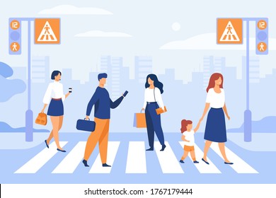 Cartoon Pedestrians Walking Through Crosswalk Isolated Flat Vector Illustration. People Crossing Avenue Road. Modern Lifestyle, Traffic And Cityscape Concept