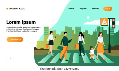 Cartoon pedestrians walking through crosswalk isolated flat vector illustration. People crossing avenue road. Modern lifestyle, traffic and cityscape concept