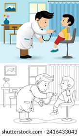 Cartoon of pediatrician doctor examining boy on a visit, coloring book or page