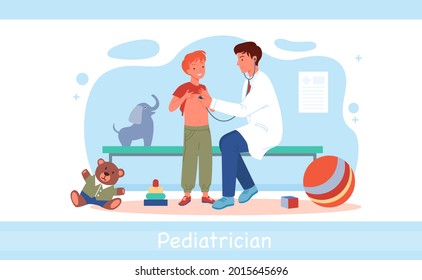 Cartoon Pediatrician Man Character Doing Medical Examination Of Boy Child With Stethoscope, Medicine Healthcare Isolated On White. Children Visit Pediatrician Doctor In Hospital Vector Illustration.