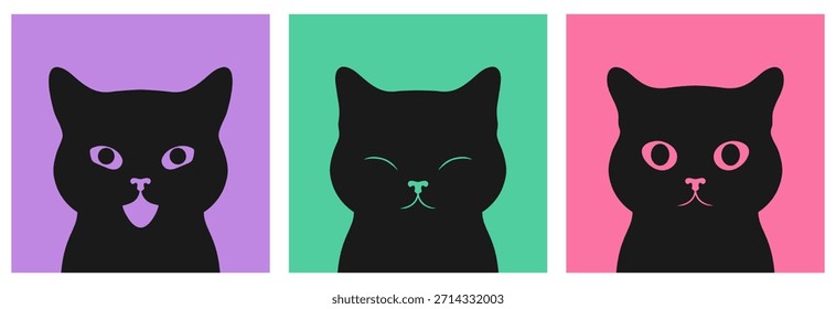 Gatos negros de dibujos animados que se asoman con diferentes emociones. Gatos curiosos mirando hacia fuera. Cara de gato negro lindo. Ilustración vectorial