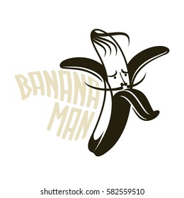Cartoon peeled banana logo templates. Banana hipster man. Vintage style banana badges and labels. Black and white logo templates for your design. Vector illustration isolated on white background.