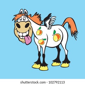  cartoon pegasus with apples,children illustration on blue background,vector picture for little kids