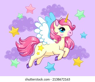 Cartoon Pegasus Flying Among Stars Clouds Stock Vector (Royalty Free ...