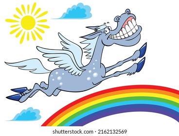 Cartoon pegasus jumps over the rainbow. Cartoon joyful pegasus. Illustration isolated on white. Vector color image of pegasus and rainbow.