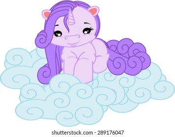 Cartoon pegasus lie down on cloud.